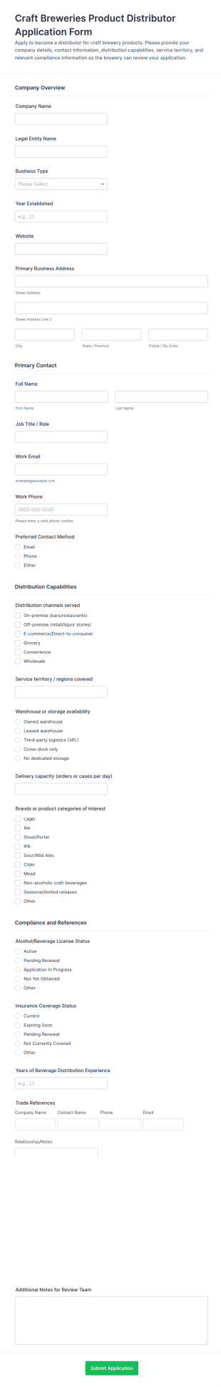 Craft Breweries Product Distributor Application Form Template
