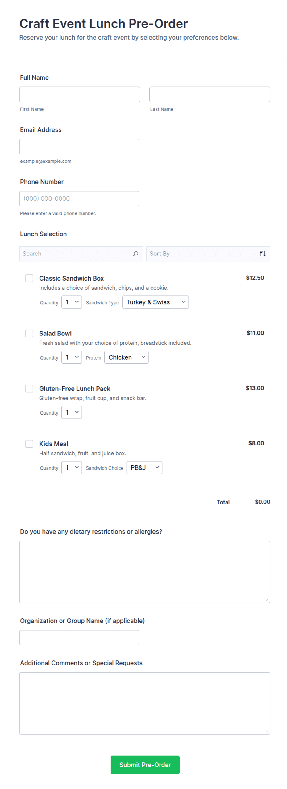 Craft Event Lunch Pre-Order Form Template | Jotform