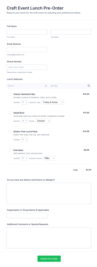 Craft Event Lunch Pre Order Form Template