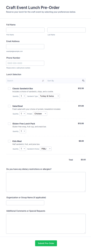 Craft Event Lunch Pre Order Form Template