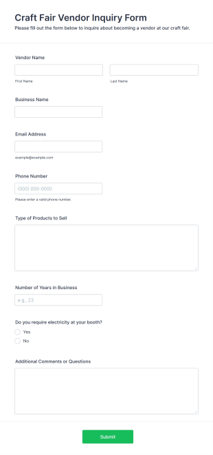 Craft Fair Vendor Inquiry Form Template