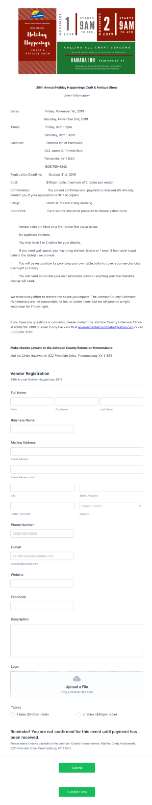 Craft Fair Vendor Registration Form Template