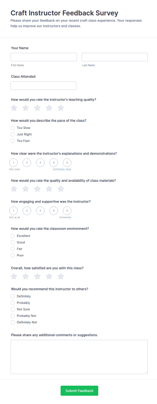 Craft Instructor Feedback Survey Form Template