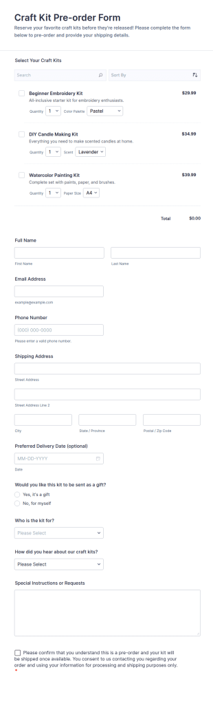 Craft Kit Pre Order Form Template
