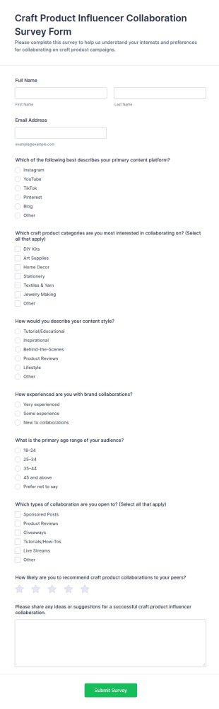 Craft Product Influencer Collaboration Survey Form Template