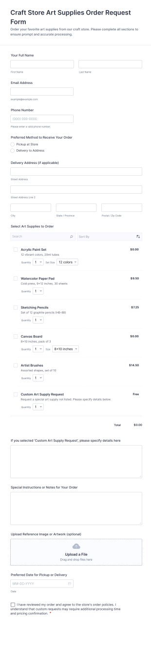 Craft Store Art Supplies Order Request Form Template