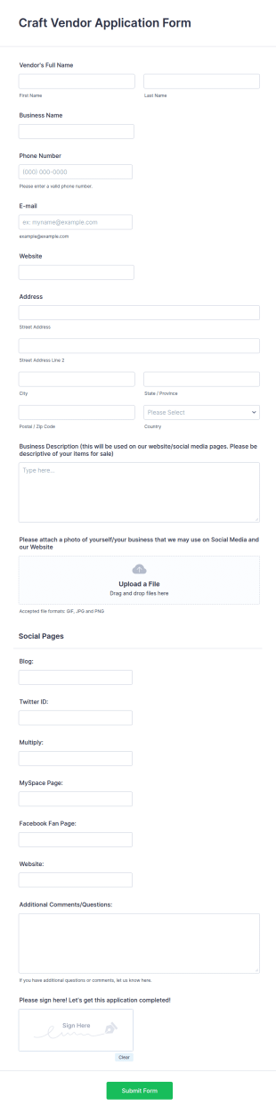 Craft Vendor Application Form Template