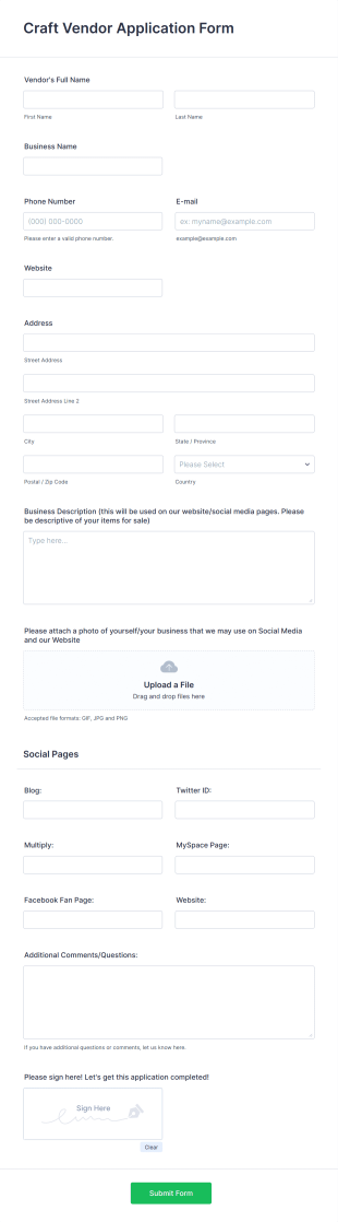 Craft Vendor Application Form Template