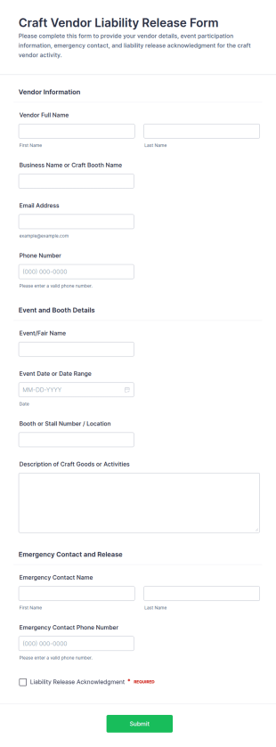 Craft Vendor Liability Release Form Template
