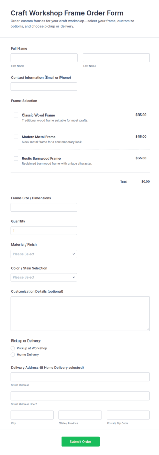 Craft Workshop Frame Order Form Template