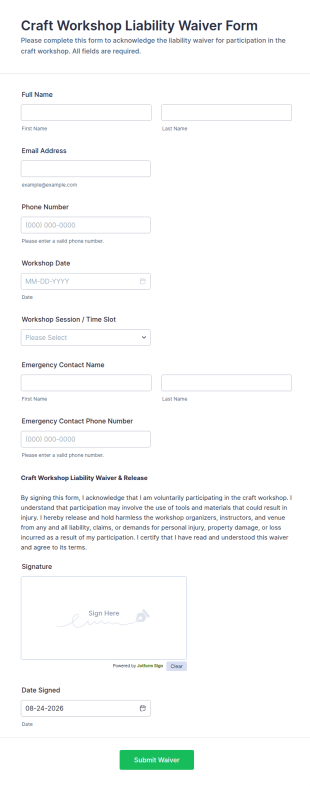 Craft Workshop Liability Waiver Form Template