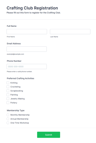 Crafting Club Registration Form Form Template