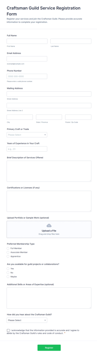 Craftsman Guild Service Registration Form Template