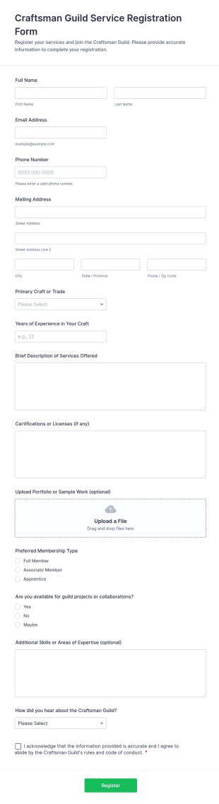 Craftsman Guild Service Registration Form Template