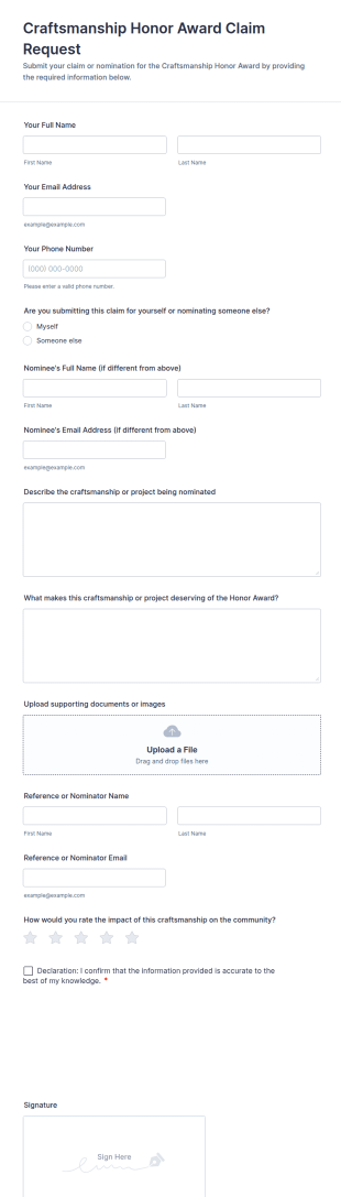 Craftsmanship Honor Award Claim Request Form Template