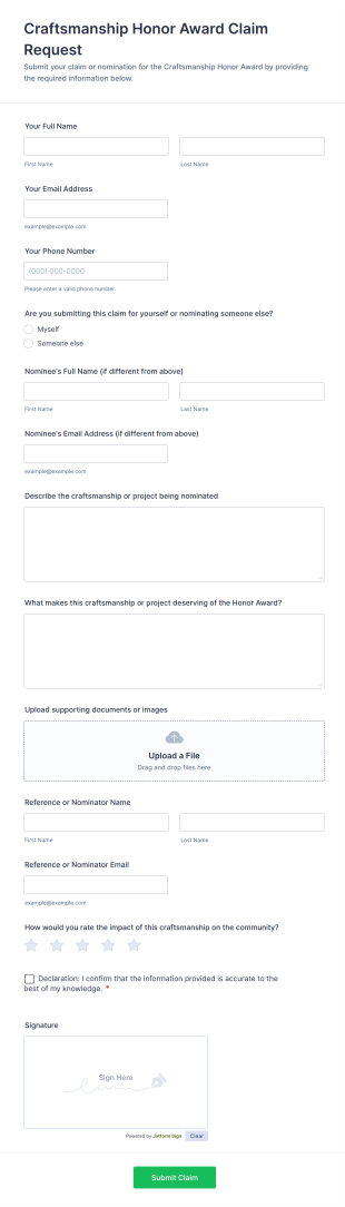 Craftsmanship Honor Award Claim Request Form Template