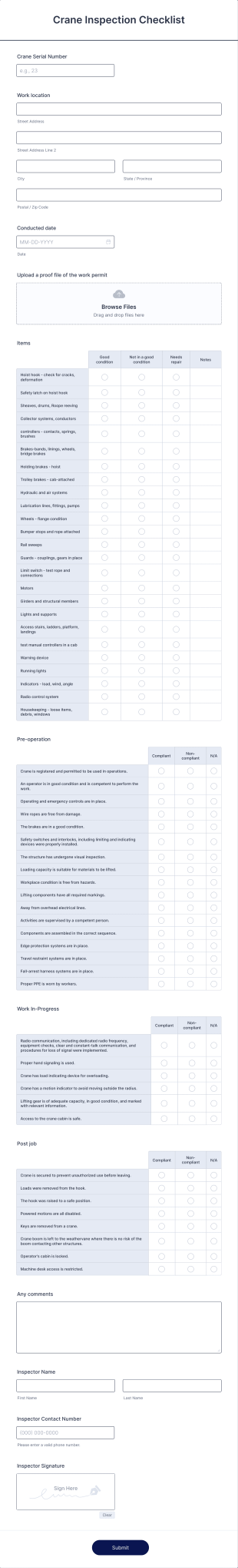 Crane Inspection Checklist Form Template