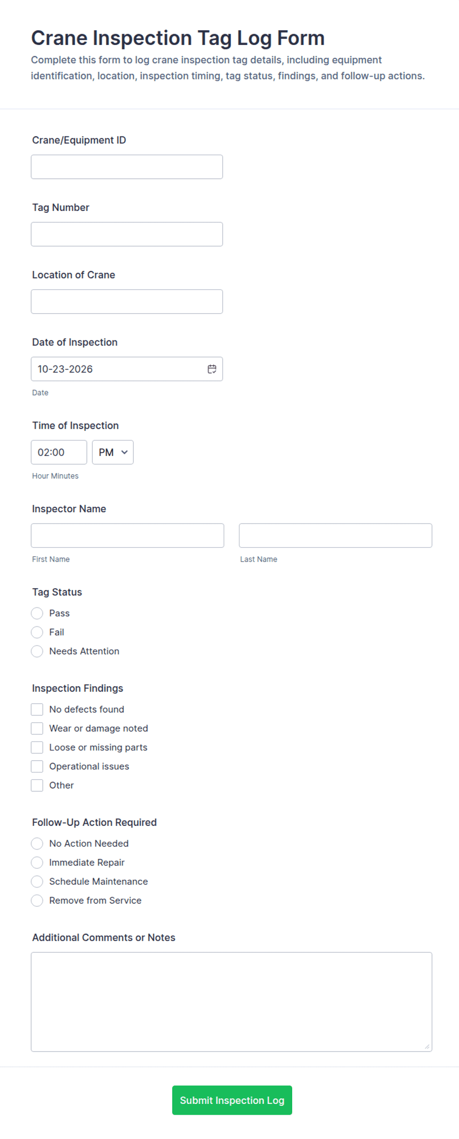 Crane Inspection Tag Log Form Template | Jotform