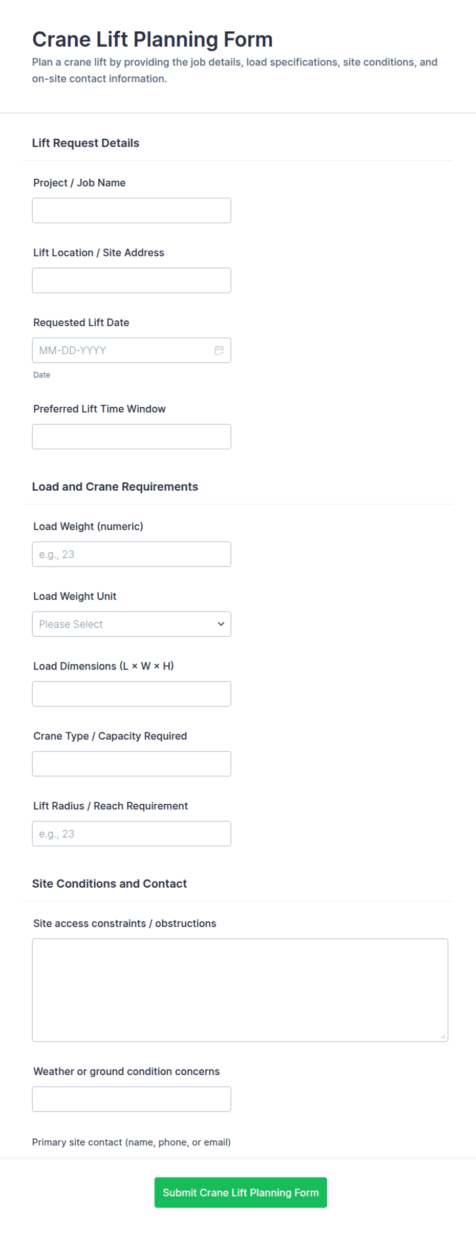 Crane Lift Planning Form Template | Jotform