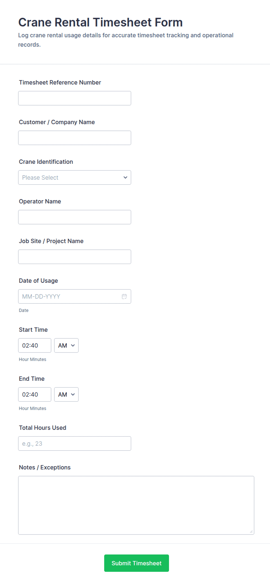 Crane Rental Timesheet Form Template | Jotform