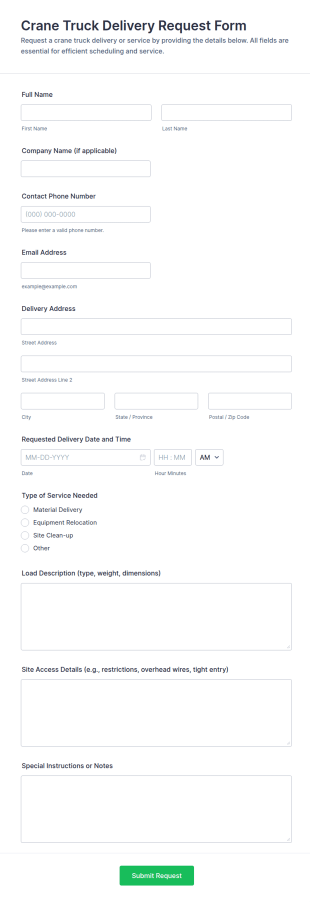 Crane Truck Delivery Request Form Template