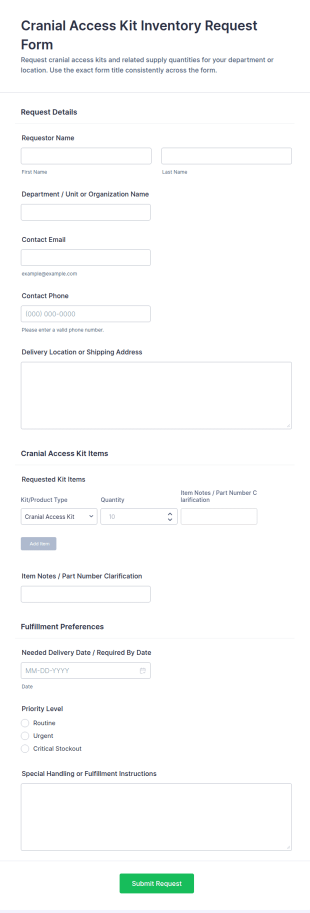 Cranial Access Kit Inventory Request Form Template