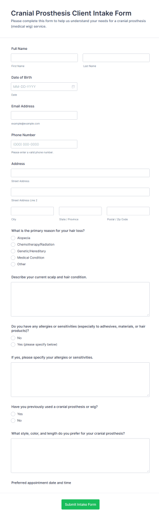 Cranial Prosthesis Client Intake Form Template