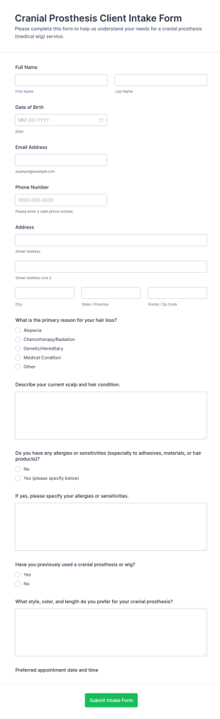 Cranial Prosthesis Client Intake Form Template
