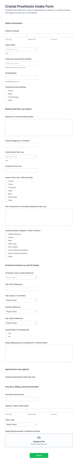 Cranial Prosthesis Intake Form Template