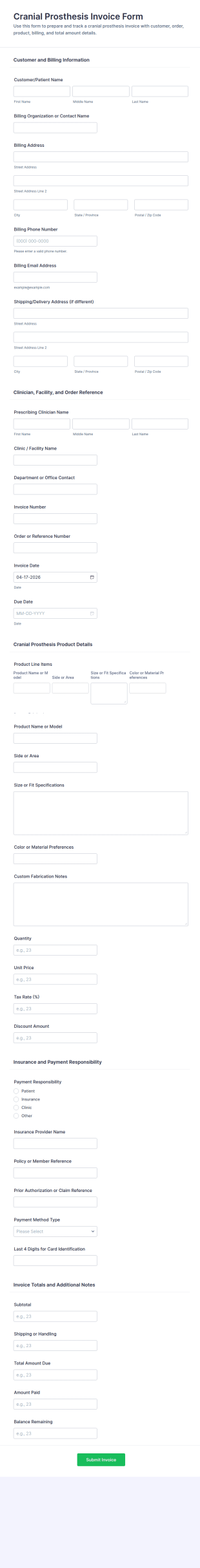 Cranial Prosthesis Invoice Form Template