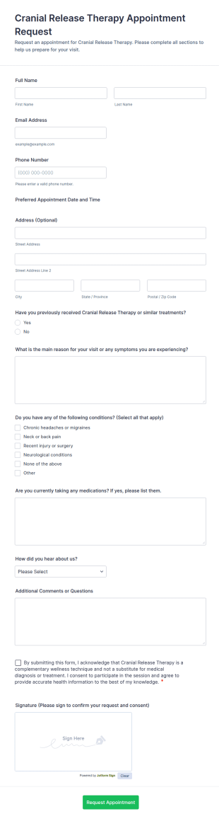 Cranial Release Therapy Appointment Request Form Template