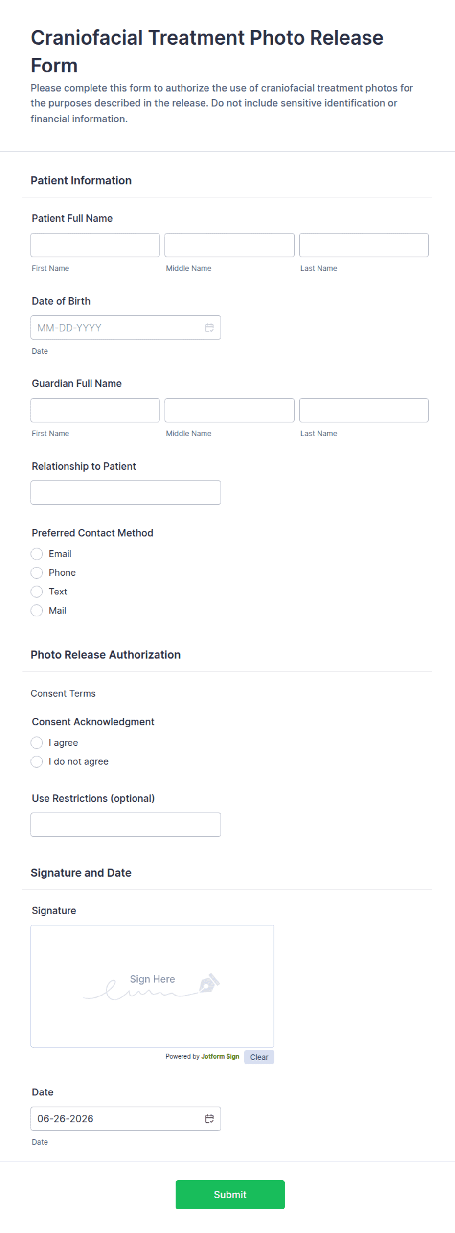 Craniofacial Treatment Photo Release Form Template | Jotform