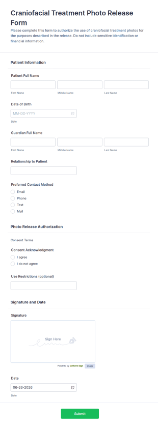 Craniofacial Treatment Photo Release Form Template