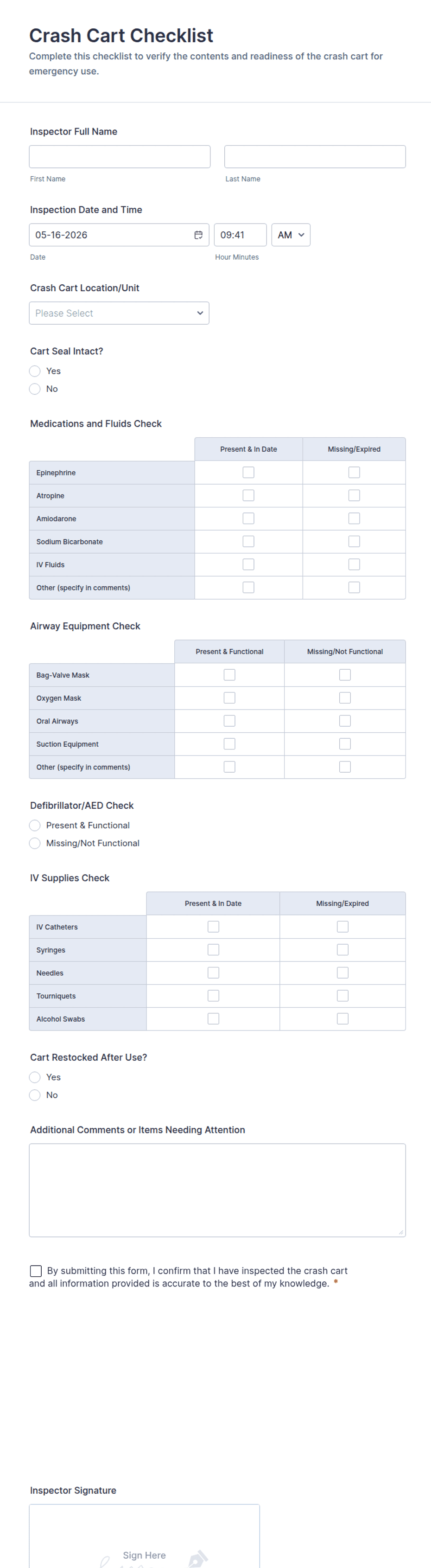 Crash Cart Checklist Form Template | Jotform