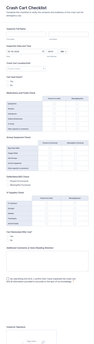 Crash Cart Checklist Form Template