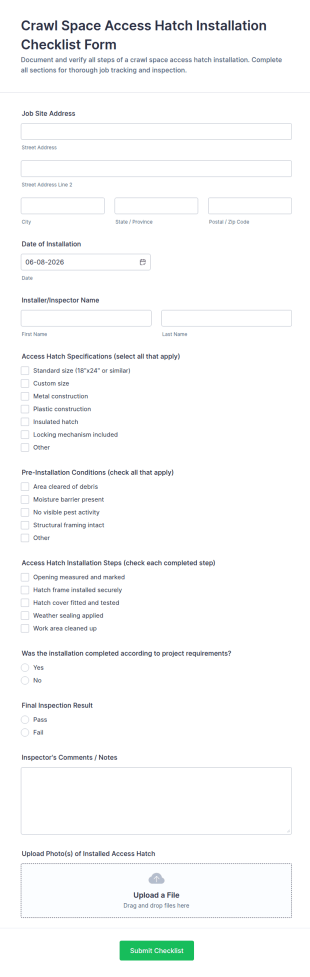 Crawl Space Access Hatch Installation Checklist Form Template