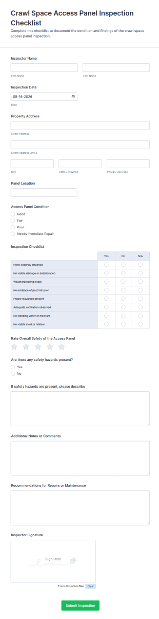 Crawl Space Access Panel Inspection Checklist Form Template