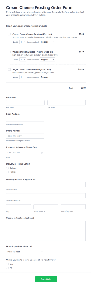 Cream Cheese Frosting Order Form Template