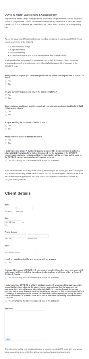 Create A Cut Hair & Beauty COVID 19 Questionnaire & Consent Form Template