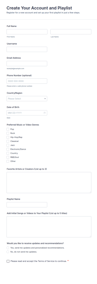 Create Your Account And Playlist Form Template