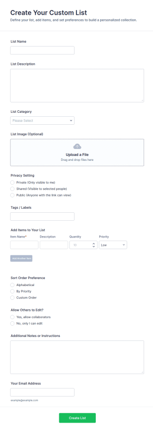 Custom List Creation Form Template