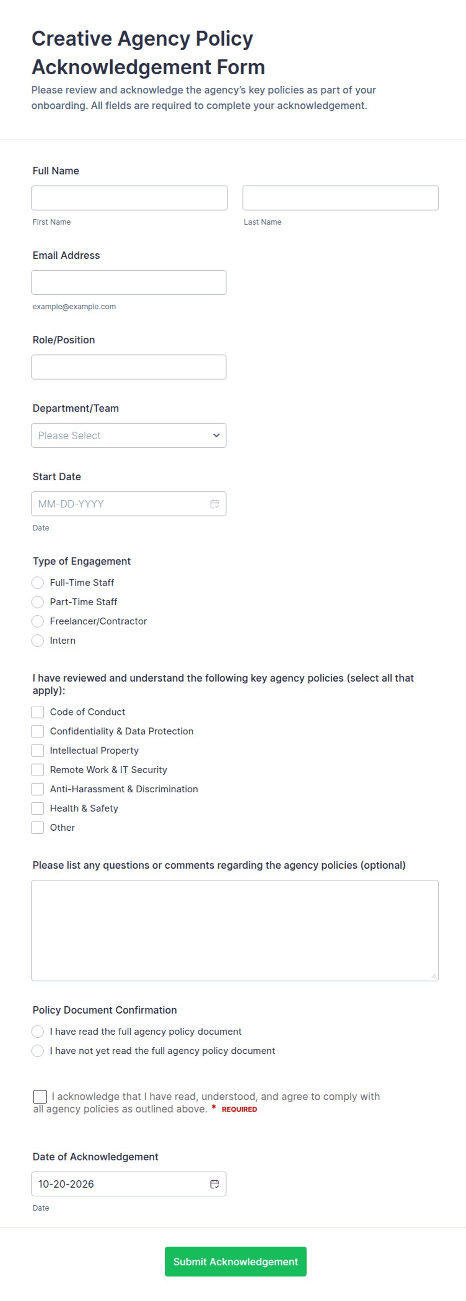 Creative Agency Policy Acknowledgement Form Template | Jotform