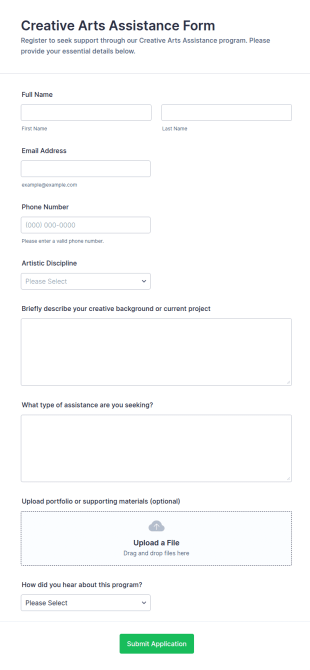 Creative Arts Assistance Registration Form Template