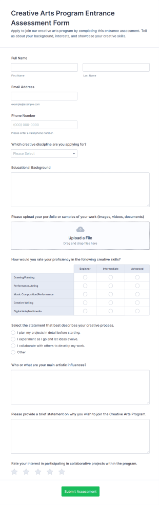 Creative Arts Program Entrance Assessment Form Template