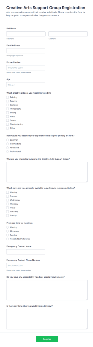Creative Arts Support Group Registration Form Template