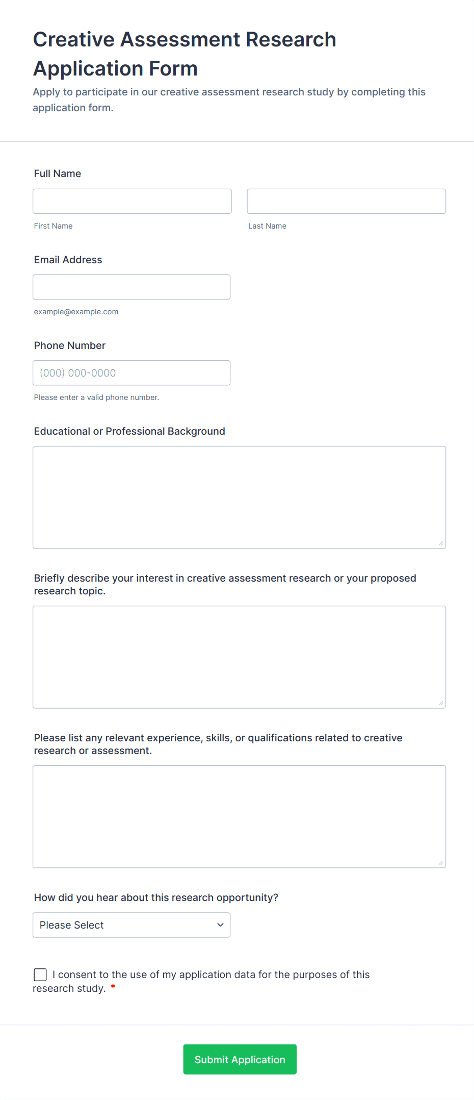 Creative Assessment Research Application Form Template | Jotform