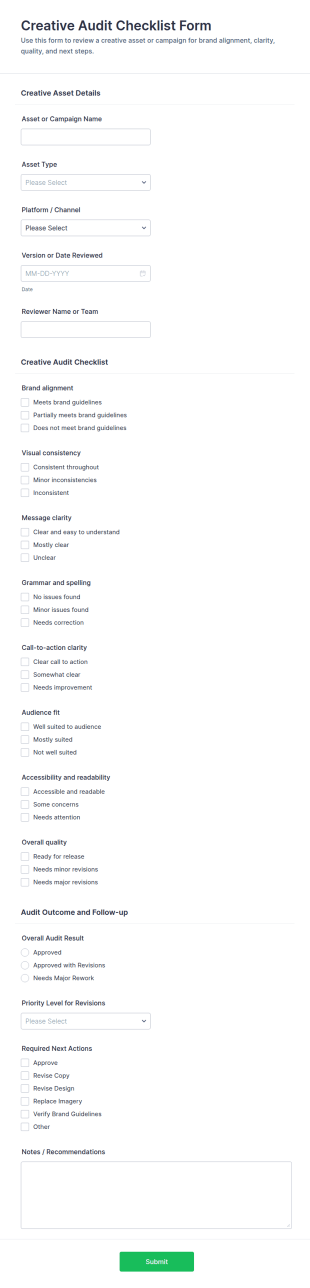 Creative Audit Checklist Form Template