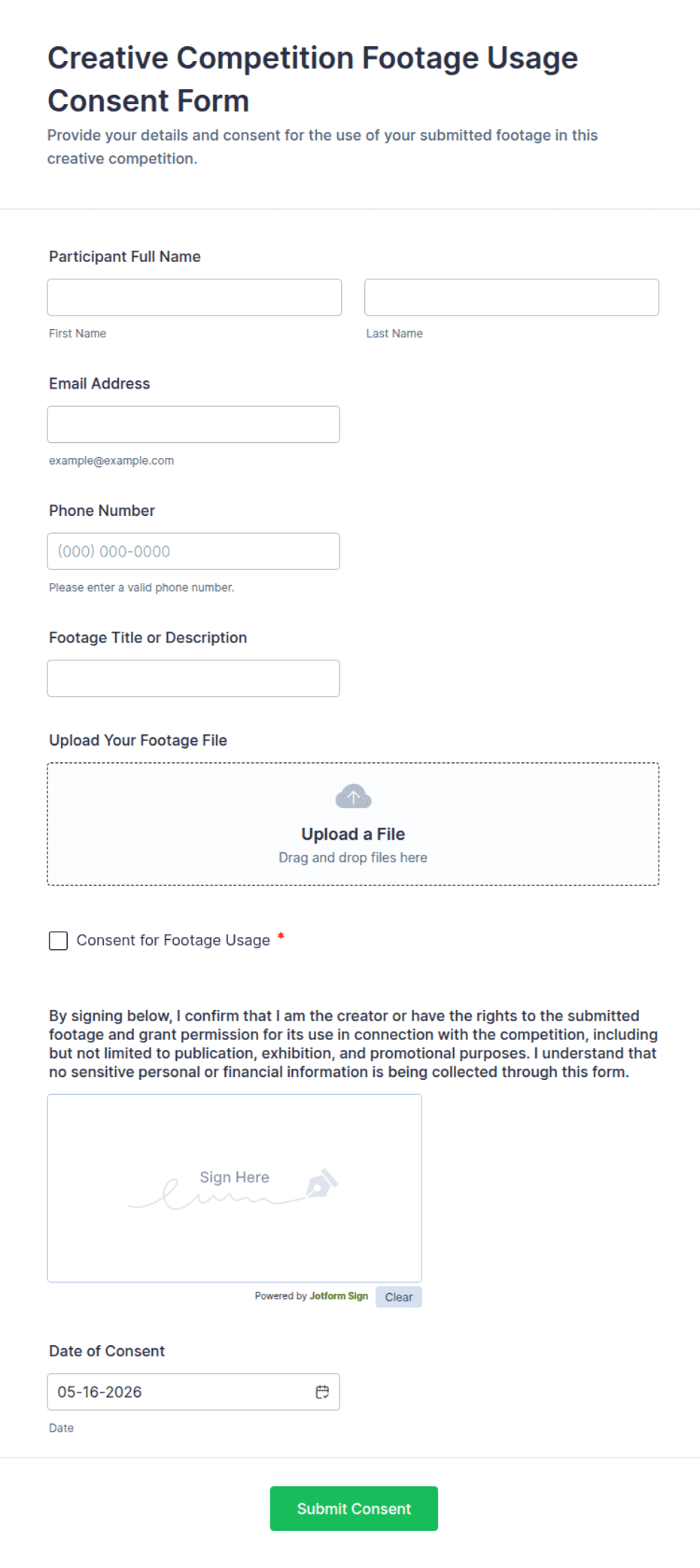 Content Usage Rights Form Creative Competition Footage Usage Consent Form Template | Jotform