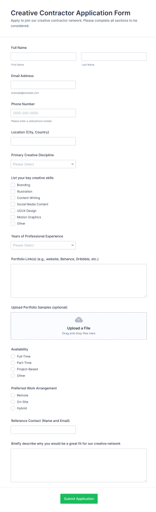 Creative Contractor Application Form Template