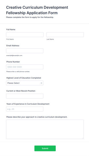 Creative Curriculum Development Fellowship Application Form Form Template